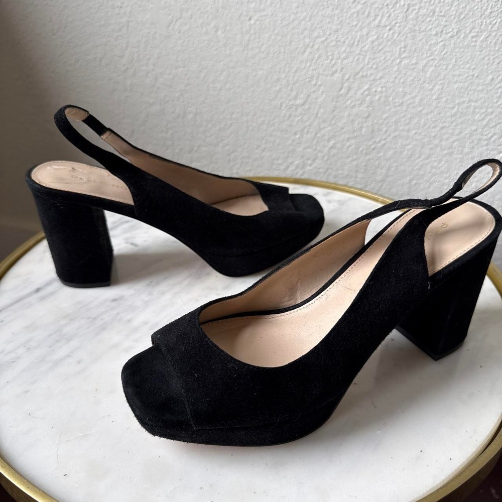 Pelle Moda Black Suede Peep Toe Slingback Block Heels Platform Formal Womens 7M